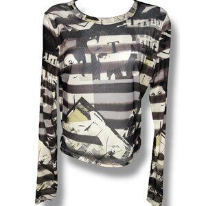 Social Collision Stripe Punk Graphics Girls Long-Sleeve Top black white neon